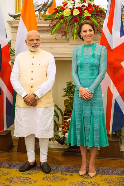 NEW DELHI, INDIA - APRIL 12:  Catherine, Duchess of Cambridge meets Prime Minister of India Narenda Modi in New Delhi's Hyderabad House on April 12, 2016 in New Dehli, India. The Duke and Duchess of Cambridge are on a week-long tour of India and Bhutan taking in Mumbai, Delhi, Assam, Bhutan and Agra. (Photo by Dominic Lipinski - Pool/Getty Images)
