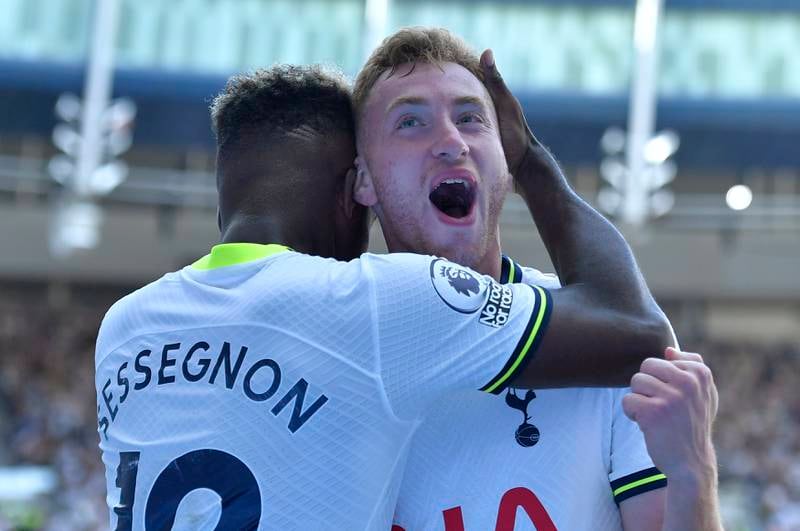 Tottenham's Dejan Kulusevski celebrates with teammate Ryan Sessegnon after scoring the fourth goal in Tottenham's 4-1 Premier League win against Southampton on August 6, 2022.   EPA