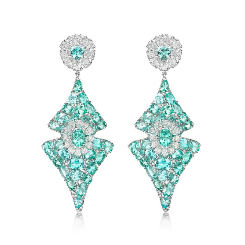 Paraiba and diamond earrings, unsigned, part of the Christie's Rock Party exhibition in Dubai.