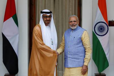 Sheikh Mohammed bin Zayed, Crown Prince of Abu Dhabi and Deputy Supreme Commander of the Armed Forces,  with India's prime minister Narendra Modi. Ties between the two countries are strong. Adnan Abidi / Reuters