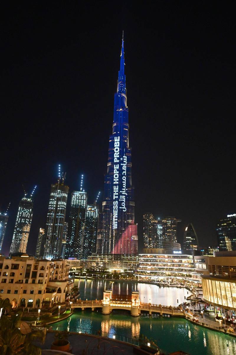 Dubai's Burj Khalifa lit up in support of the Hope probe. AFP