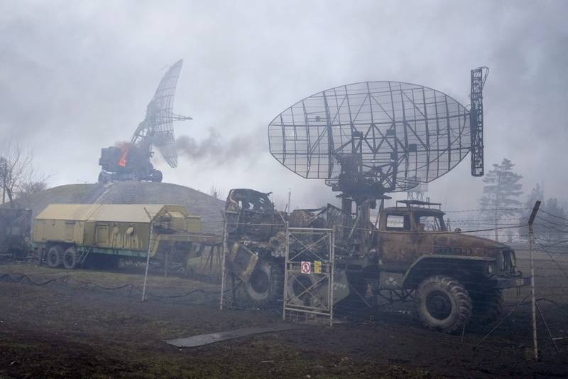 Damaged radar at a Ukrainian military plant outside Mariupol. Officials in Kiev say Russian troops have rolled into the country from the north, east and south. AP Photo