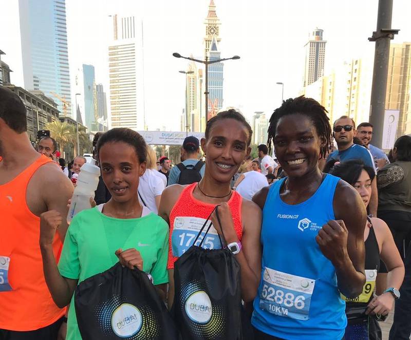 Winners of the Dubai Run 10km women's race, from left to right: Refref Mohammed in first place, Fanos Tekle in second and Joyce Balle Baako in third. Courtesy Dubai Media Office