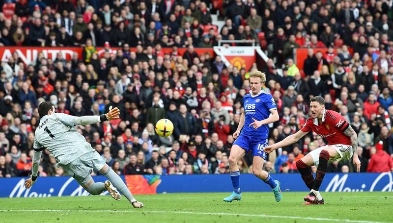 Manchester United's Wout Weghorst has a shot saved against Leicester. EPA