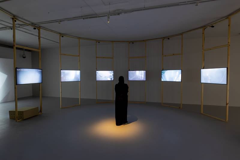 Joana Hadjithomas and Khalil Joreige’s circle of 14 televisions present CCTV footage of Sursock Museum the moment the August 4 blast detonated. Photo: Mathaf and Qatar Museums