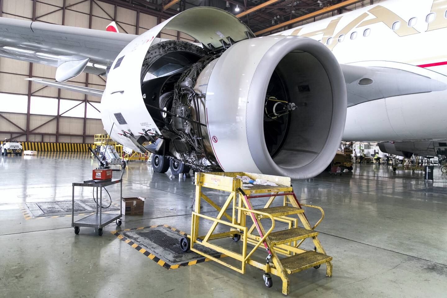 ABU DHABI, United Arab Emirates - October 24: An engine check of an Etihad carrier aircraft is being carried out at Etihad Airways' engineering facilities.  (Photo by Reem Mohamed/The National) Reporter: Mustafa Al-Alawi Department: BZ