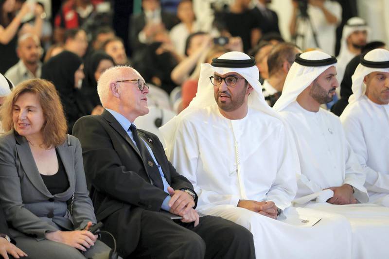Abu Dhabi, United Arab Emirates - October 16, 2019: Professor Sir Michael Brady and Dr Sultan Ahmed Al Jaber. The launch of Mohamed bin Zayed University of Artificial intelligence. Wednesday the 16th of October 2019. Masdar City, Abu Dhabi. Chris Whiteoak / The National