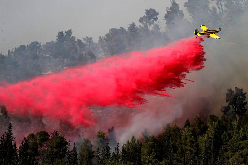 A firefighting plane extinguishes a forest fire in the Arab-Israeli village of Abu Ghosh near Jerusalem. AFP
