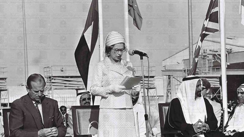 Prince Philip and Queen Elizabeth at the inauguration of Jebel Ali Port in Dubai in February 1979. Photo: Wam / National Archives