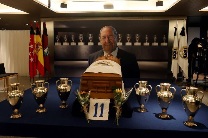General view of Paco Gento's funeral chapel held at Santiago Bernabeu stadium's royal box, in Madrid. Francisco 'Paco' Gento, 12-time La Liga and six-time European Cup winner, passed away on 18 January 2022 at the age of 88. EPA