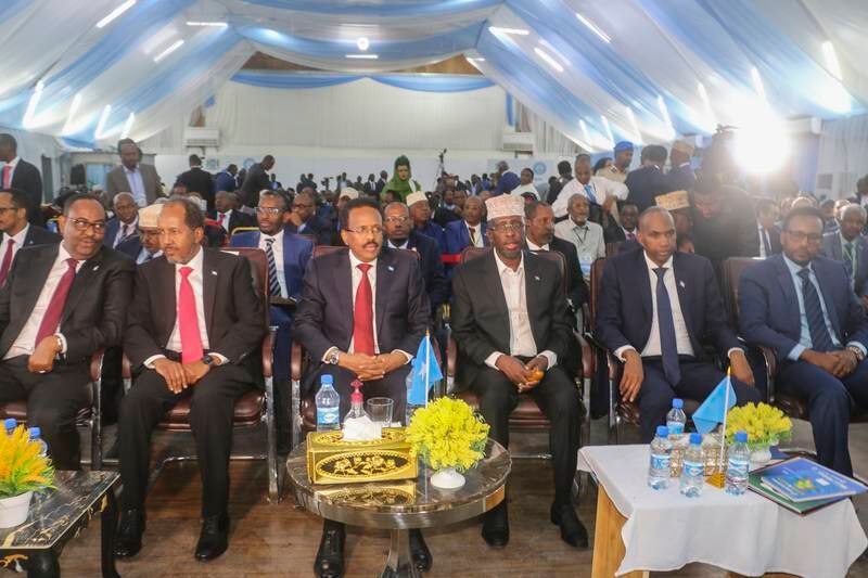 Incumbent President Mohamed Abdullahi Mohamed (C) sits with members of parliament as they attend the presidential elections in Mogadishu, Somalia. EPA