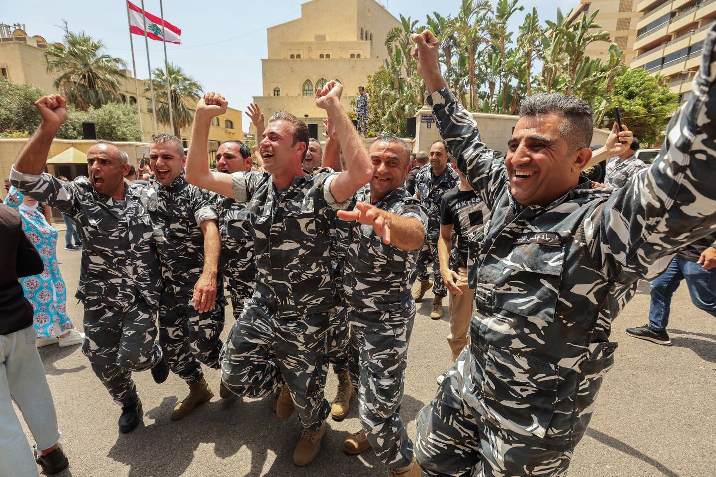 Lebanese police officers in Beirut celebrate Nabih Berri's re-election as parliament speaker. Reuters / Aziz Taher