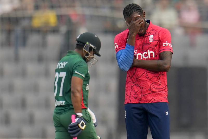 England bowler Jofra Archer after teammate Rehan Ahmed dropped Bangladesh's Rony Talukdar. AP