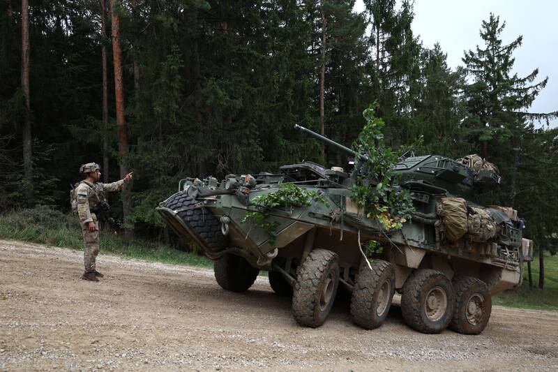 A US Stryker infantry fighting vehicles on exercise in Germany last week. Reports claim Ukrainian Strykers have breached Russian defences in southern Ukraine. EPA