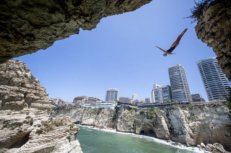 Jessica Macaulay of the UK dives from the 20-metre cliff in Raouche during the first competition day of the fifth stop of the Red Bull Cliff Diving World Series. Getty Images