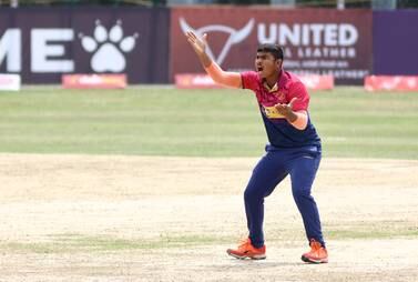 Aayan Afzal Khan of UAE makes an appeal in the ICC Cricket World Cup League 2 match between United Arab Emirates (UAE) and Papua New Guinea (PNG) at the TU International Cricket Stadium, Kathmandu, Nepal on Wednesday, 15th March 2023.