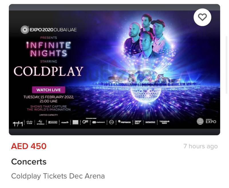 An advert on online classifieds platform Dubizzle, where a scam artist is trying to sell a Coldplay concert ticket for Dh450. The concert is a free event by Expo 2020 Dubai. Photo: Dubizzle screenshot
