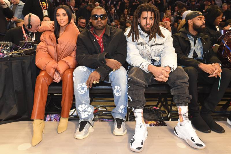 Kim Kardashian and Rappers, Kanye West and J Cole attend the 69th NBA All-Star Game as part of 2020 NBA All-Star Weekend on February 16, 2020 at United Center in Chicago, Illinois. AFP