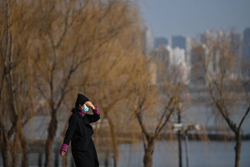 A woman wearing a face mask as a preventive measure against the Covid-19 coronavirus walk in a park along Yangtze River in Wuhan, China's central Hubei province on January 19, 2021.
 / AFP / Hector RETAMAL
