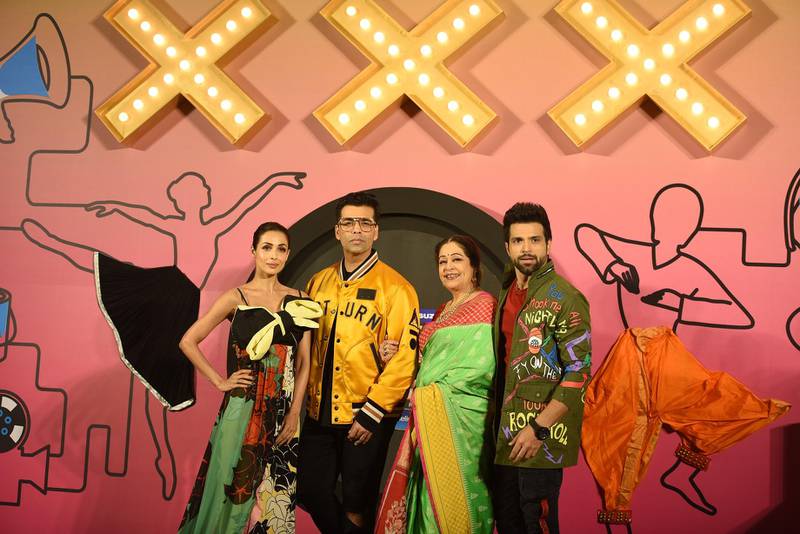 Malaika Arora, Karan johar, Kirron kher & Rithvik Dhanjani at the launch of 'India's Got Talent' season 8. Courtesy Colors TV