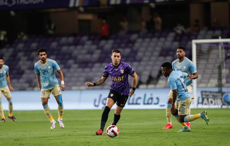Al Ain’s Caio Canedo makes a move against Al Dhafra in matchweek-9 of the Adnoc Pro League at the Hazza bin Zayed stadium. Photo: PLC