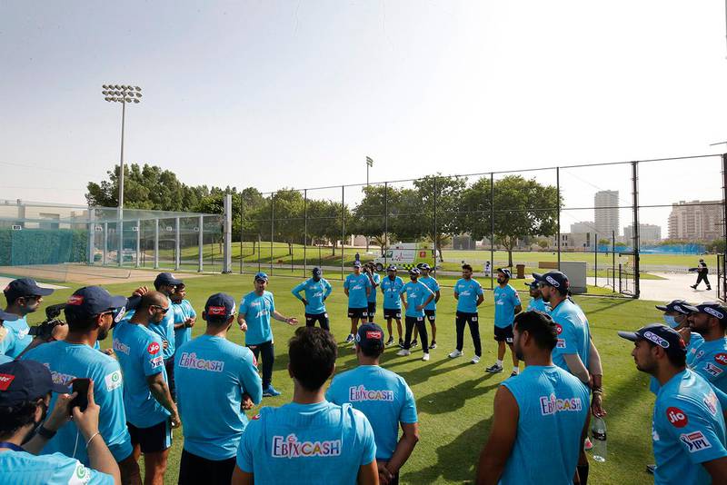 Delhi Capitals Head Coach Ricky Ponting speaks to his squad ahead of a nets session on Tuesday evening.