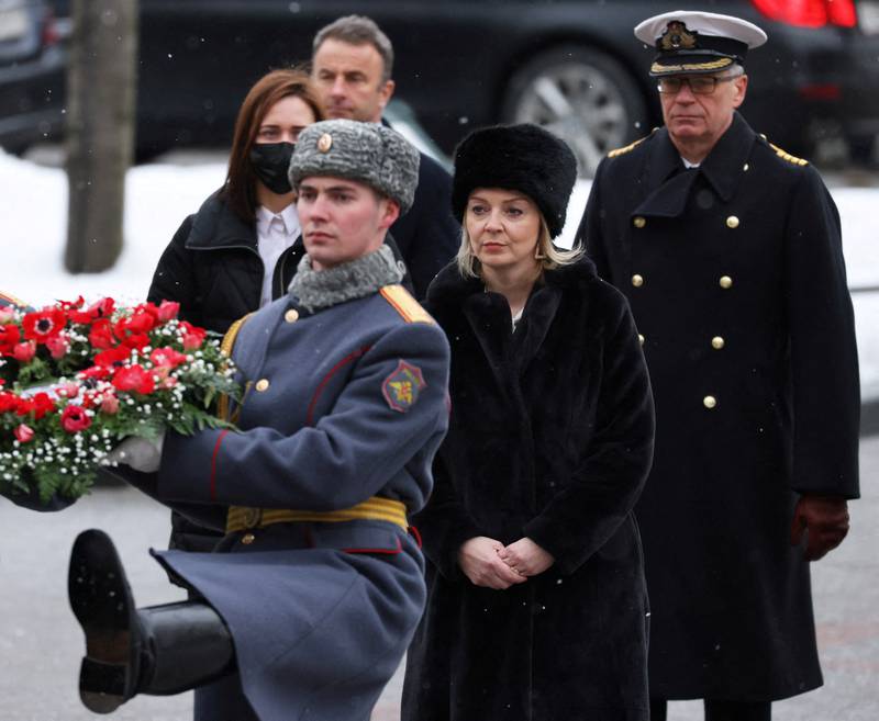Liz Truss looks on during the wreath-laying ceremony at the Tomb of the Unknown Soldier. Reuters