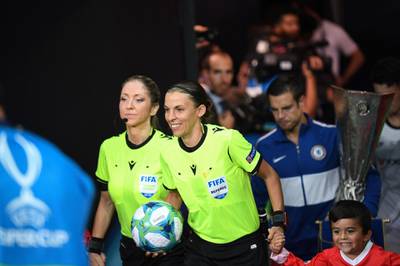 Stephanie Frappart and assistant referee Manuela Nicolosi arrive for the UEFA Super Cup. AFP