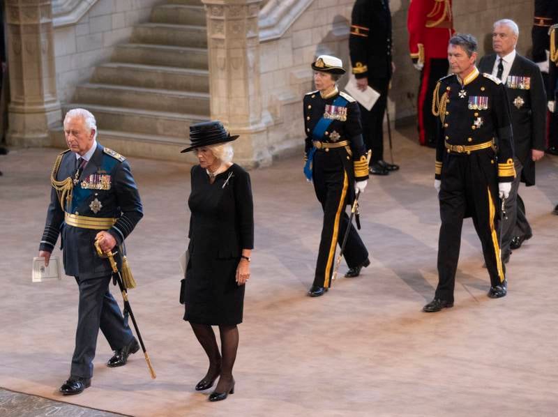 King Charles and Queen Consort Camilla enter Westminster Hall as the coffin completes its journey from Buckingham Palace to Westminster Hall. Getty Images
