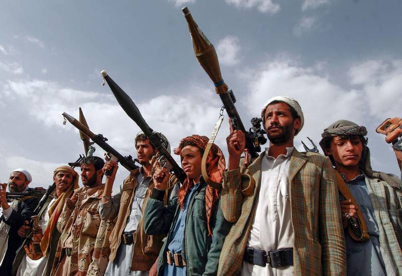 Tribesmen loyal to the Houthi rebels brandish rocket-propelled grenade launchers at a gathering in Yemen's capital Sanaa. AFP