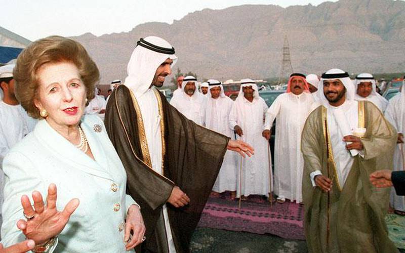 The former British prime minister, Margaret Thatcher, in Ras Al Khaimah in 1998. She had left office in 1990. Rabih Moghrabi / AFP