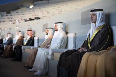 Pictured, from right, Sheikh Hazza bin Zayed, Vice Chairman of the Abu Dhabi Executive Council, Sheikh Hamdan bin Zayed, Ruler’s Representative in Al Dhafra Region, and Sheikh Tahnoon bin Mohamed, Ruler's Representative in Al Ain Region.