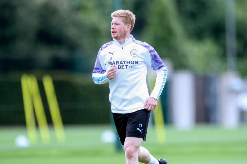MANCHESTER, ENGLAND - MAY 23: Manchester City's Kevin De Bruyne in action during training at Manchester City Football Academy on May 23, 2020 in Manchester, England. (Photo by Tom Flathers/Manchester City FC via Getty Images)