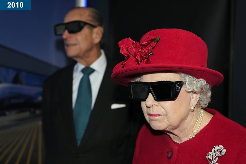 2010: The queen and Prince Philip wear 3D glasses to watch a demonstration, during a visit to the University of Sheffield Advanced Manufacturing Research Centre.