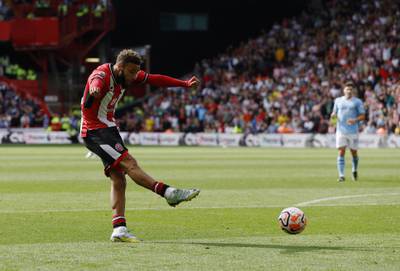 Sheffield United's Jayden Bogle scores their equaliser. Action Images 