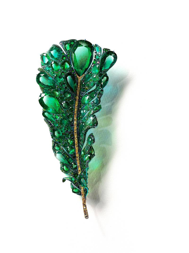 The Green Plumule Brooch: This piece comprises 487 fancy-cut emeralds, totalling 172.58 carats.