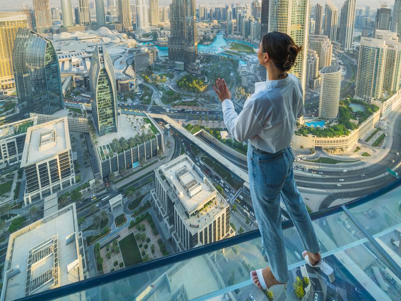 Sky Views Dubai, the city's latest attraction, features an observatory, a glass slide and an edge-walk experience 219.5 metres above the ground. Photo: Sky Views Dubai