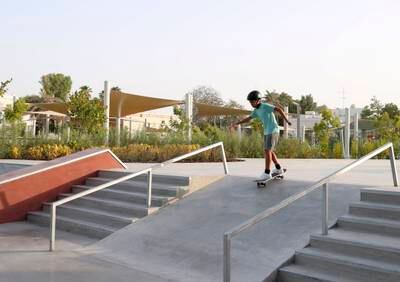 Elijah Charles, 11, from Canada visits often to skateboard at the recently opened public skate park at Sheikha Fatima bint Mubarak park in Khalidiya.