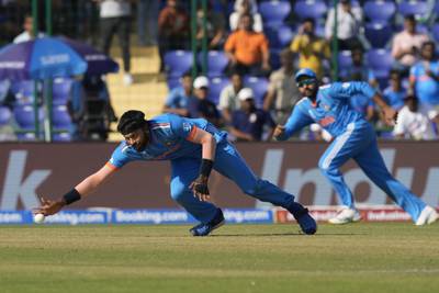 India's Hardik Pandya fields the ball. AP