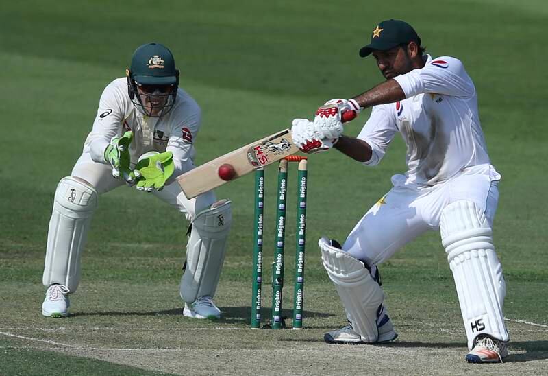 Pakistan's Sarfaraz Ahmed plays a shot during their test match against Australia in Abu Dhabi, United Arab Emirates, Tuesday, Oct. 16, 2018. (AP Photo/Kamran Jebreili)