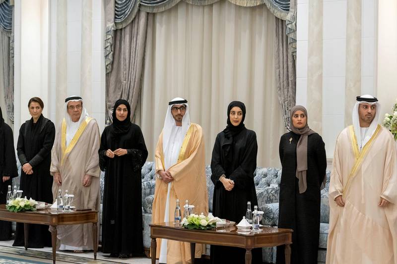 ABU DHABI, UNITED ARAB EMIRATES -October 31, 2017:  (R-L) HE Dr Ahmed Abdullah Humaid Belhoul Al Falasi, UAE Minister of State for Higher Education and Advanced Skills, HE Ohoud Khalfan Al Roumi, UAE Minister of State for Happiness and Wellbeing, HE Shamma Suhail Al Mazrouei, UAE Minister of State for Youth Affairs, HE Nasser bin Thani Juma Al Hamli, UAE Minister of Human Resources and Emiratisation, HE Hessa Essa Buhumaid, UAE Minister of Community Development, HE Zaki Anwar Nusseibeh, UAE Minister of State, and HE Mariam Mohamed Saeed Hareb Al Mehairi, UAE Minister of State for Food Security, attend a swearing-in ceremony for newly appointed ministers, at Mushrif Palace. 

( Rashed Al Mansoori / Crown Prince Court - Abu Dhabi )
---