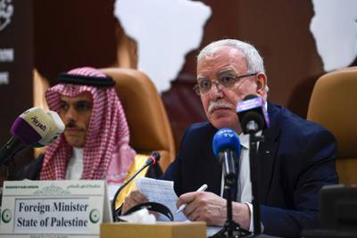 Palestinian Foreign Minster Riyad Al Maliki delivers a speech during an emergency ministerial meeting of the Organisation of Islamic Cooperation. AFP