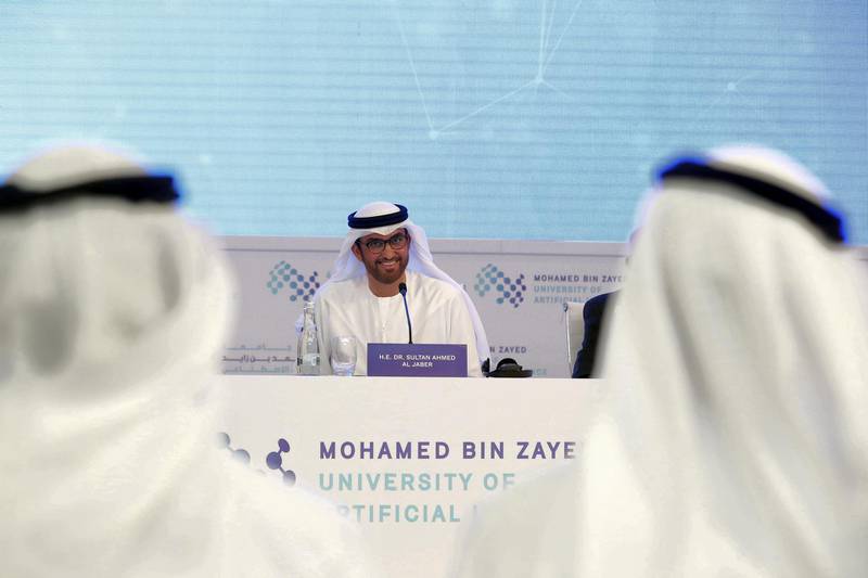 Abu Dhabi, United Arab Emirates - October 16, 2019: Dr Sultan Ahmed Al Jaber. The launch of Mohamed bin Zayed University of Artificial intelligence. Wednesday the 16th of October 2019. Masdar City, Abu Dhabi. Chris Whiteoak / The National