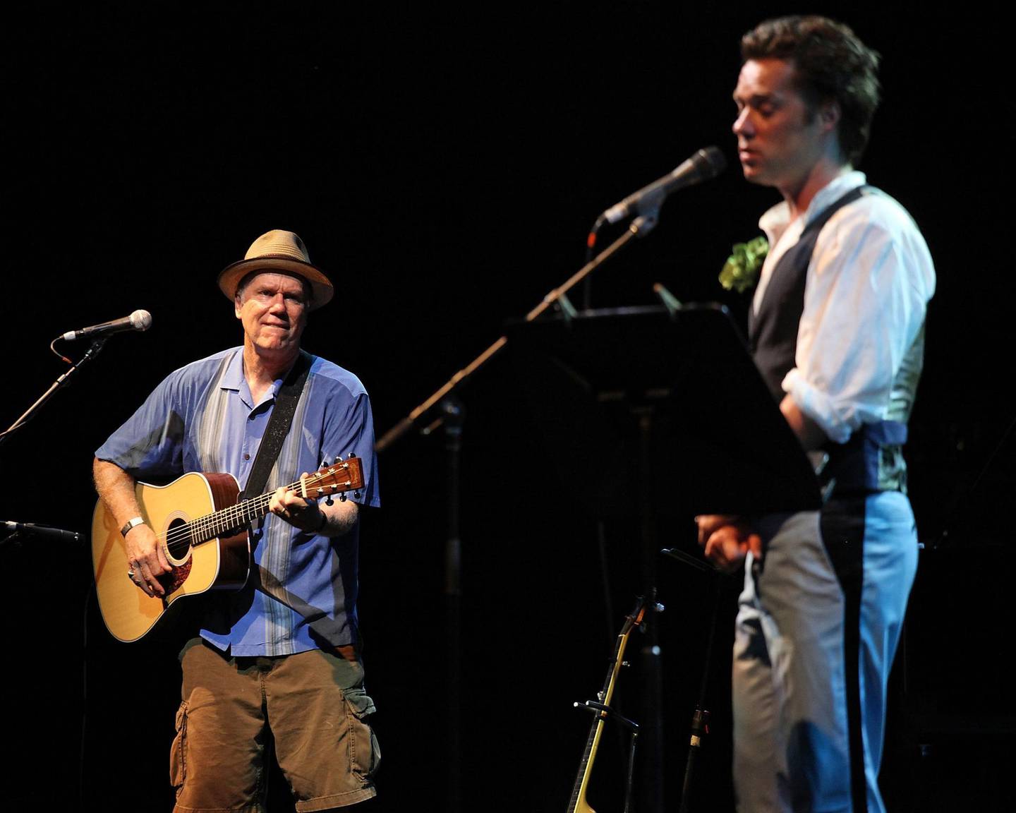 NEW YORK - JULY 20:  Singer Loudon Wainwright III and son Rufus Wainwright perform during the 32nd Celebrate Brooklyn Summer Season at the Prospect Park Bandshell on July 20, 2010 in New York City.  (Photo by Ben Hider/Getty Images)