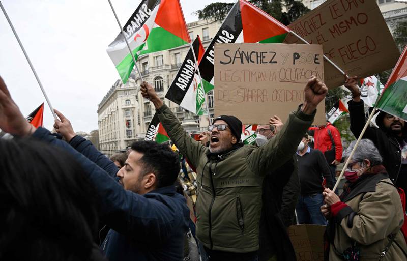 Protesters take part in a demonstration over the Western Sahara, outside the Spanish Parliament in Madrid, in March.  AFP