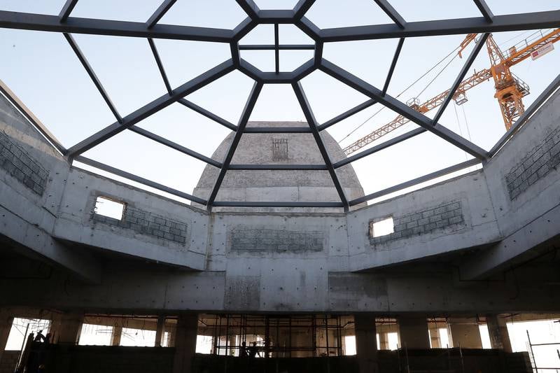 The temple's vast skylight spans the prayer hall where sculptures of 15 deities will be on display. The Hindu temple is currently under construction in Jebel Ali, Dubai. Pawan Singh / The National