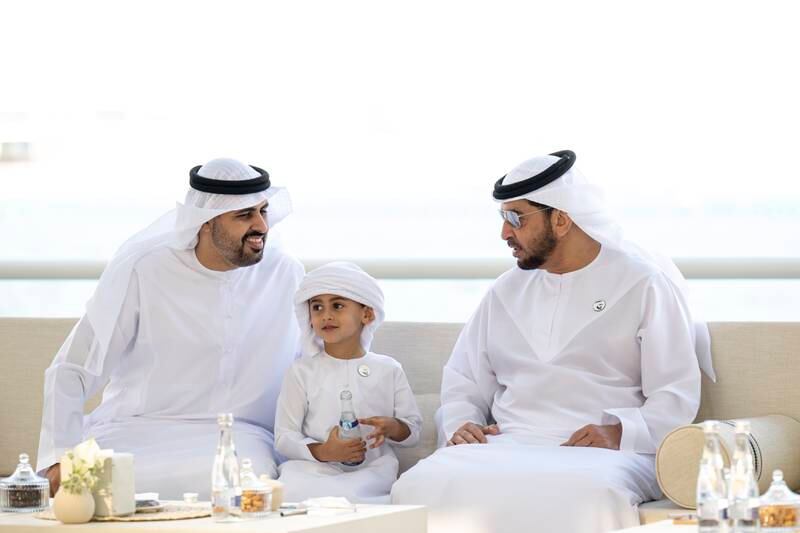 From right, Sheikh Hamdan bin Zayed, Ruler’s Representative in Al Dhafra Region; Sheikh Zayed bin Theyab bin Mohamed; and Sheikh Theyab bin Mohamed, Abu Dhabi Executive Council member, speak at the event