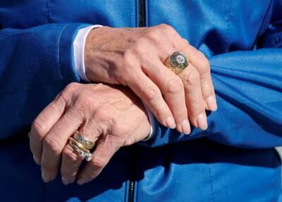 Laura Shepard Churchley wears her father's Naval Academy class ring after her trip to space. Reuters