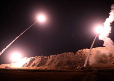 epa07060770 A handout photo made available by Irans Revolutionary Guard official website showing missiles being launches from an undisclosed location targeting the Islamic state group group in eastern Syria, 01 October 2018. Media reports state that the attack came after a recent terror attack on a military parade in city of Ahvaz southern Iran, which killed at least 25 people and wounded others.  EPA/SEPAHNEWS / HANDOUT  HANDOUT EDITORIAL USE ONLY/NO SALES