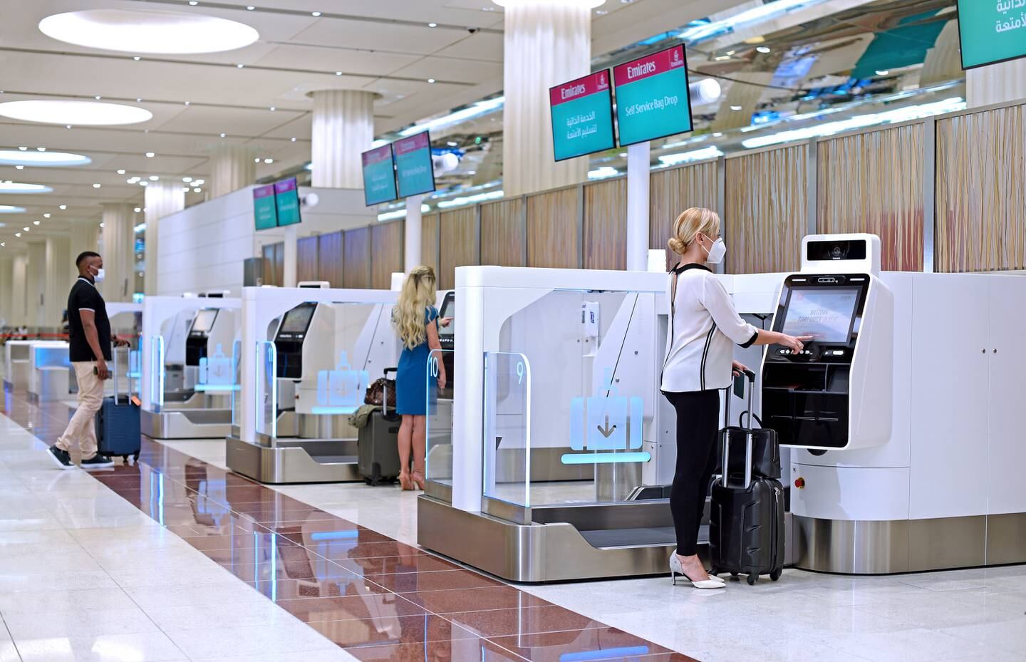 Travellers can use self check-in and bag drop facilities at Terminal 3 to check-in up to 24 hours before departure. Photo: Emirates